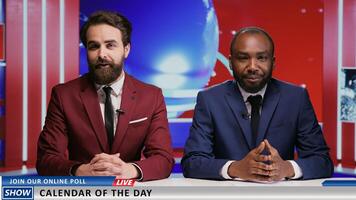 Diverse men hosting morning show live in news studio, team of reporters presenting global events on television program. Two coworkers doing breakfast tv segment to broadcast news. photo