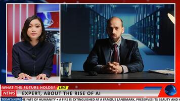 Expert show host and guest on AI topic, discussing about artificial intelligence revolution and development amongst business companies. Journalist and specialist on live connection talking. photo
