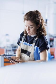 Precise serviceman in car service uses tablet to calculate invoice for client after repairing fuel tank. Hardworking garage professional calculating final costs after servicing customer vehicle photo