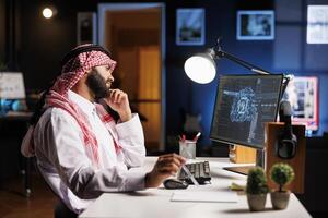 Middle Eastern professional in Arabic attire works at monitoring a secure cloud-based network with a desktop computer. He utilizes AI and machine learning for efficient and seamless online services. photo