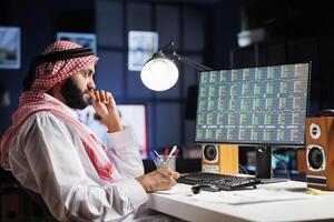 Diligent Muslim man working at a desk with a computer, checking financial reports and taking notes. Focused Arab guy using desktop pc, working with documents at the home office. photo