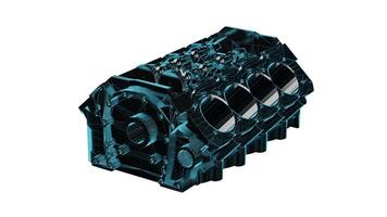 Close up detailed fully textured realistic 3D render of top of the line car engine block assembled with steel cylinders casings, pistons, flywheel and other premium engineering parts, white background photo