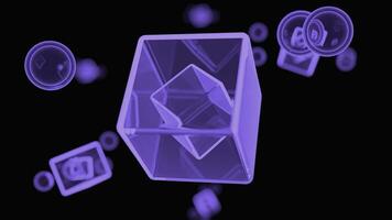 Animated neon purple cubes and spheres in dark space. Design. Geometry figures silhouettes. photo