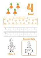 Color page, dot to dot, trace. Learning number 4. Many games on one page for preschool kids. vector