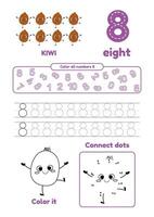 Leisure games for preschool kids on one page. Dot to dot, trace, color and learn number eight vector