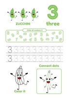 Leisure games for preschool kids on one page. Dot to dot, trace, color and learn number three vector