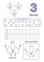 Many games on one page for preschool kids. Color page, dot to dot, trace. Learning number 3 vector