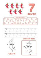 Color page, dot to dot, trace. Learn number 7. Many games on one page for preschool kids. vector