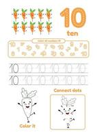 Color page, dot to dot, trace. Learn number 10. Many games on one page for preschool kids. vector