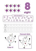 Color page, dot to dot, trace. Learn number 8. Many games on one page for preschool kids. vector