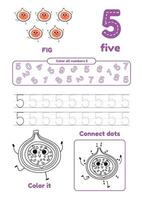 Leisure games for preschool kids on one page. Dot to dot, trace, color and learn number five vector