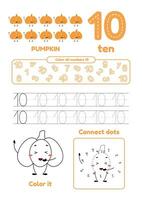 Leisure games for preschool kids on one page. Dot to dot, trace, color and learn number ten vector