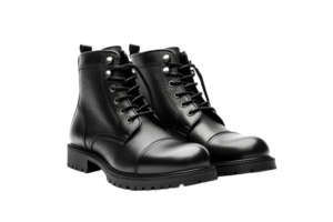 ai généré lisse noir cuir bottes sur une transparent Contexte. png