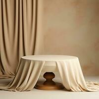 AI generated Empty round podium with background covered with beige cloth. Stand against the background of beige silk fabric curtains. photo