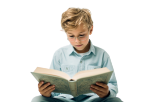 ai generiert neugierig Deutsche Junge mit ein Buch auf transparent Hintergrund. png
