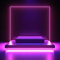 AI generated Empty podium with square on square and neon line gradient on podium and purple light on background. photo