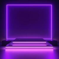 AI generated Empty podium with square on square and neon line gradient on podium and purple light on background. photo