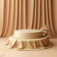 AI generated Empty round podium with background covered with beige cloth. Stand against the background of beige silk fabric curtains. photo