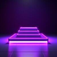 AI generated Empty podium with square on square and neon line gradient on podium and purple light on background. photo