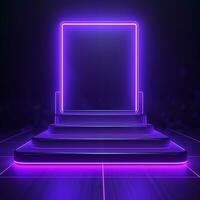 AI generated Empty podium with square on square and neon line gradient on podium and purple light on background. photo