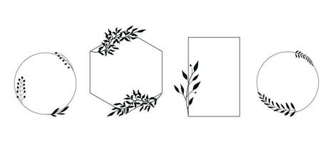 Set of elegant templates with hand drawn botanical elements. Different geometric shaped frames with plants. Vector illustration