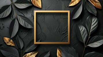 AI generated Golden black leaves and square frame on grunge abstract background. Generative AI photo