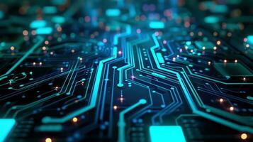 AI generated Glowing blue neon circuit board chip tech background. Generative AI photo