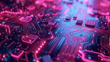 AI generated Glowing purple neon circuit board chip tech background. Generative AI photo