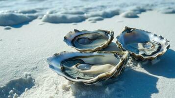 AI generated Fresh raw oysters on white sand. Generative AI photo