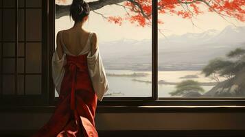 AI generated Girl in kimono on background of Japanese landscape. Generative AI photo