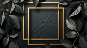 AI generated Golden black leaves and square frame on grunge abstract background. Generative AI photo