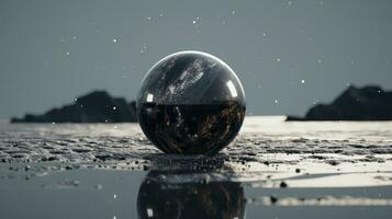 AI generated Glossy marble sphere on wet sand. Generative AI photo