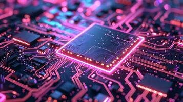 AI generated Glowing purple neon circuit board chip tech background. Generative AI photo