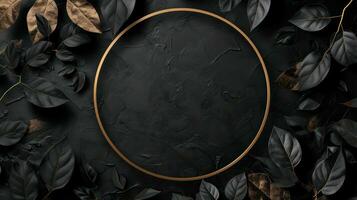 AI generated Golden black leaves and circle frame on grunge abstract background. Generative AI photo