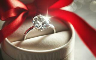 ai generado Boda anillo, matrimonio propuesta, amor confesión, diamante anillo, cinta y rosa, San Valentín día amor antecedentes foto