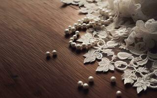 AI generated White lace fabric on a wooden background. Warm and gentle feminine background concept. photo
