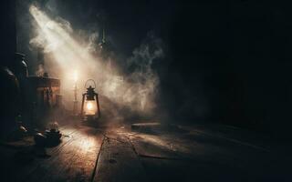 Old wooden room with smoke billowing antique storage room old wooden floor wooden walls in a room with bright light. dark color background photo