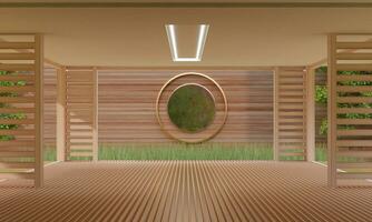 japonés estilo de madera habitación y antecedentes vacío habitación antecedentes zen concepto interior piso y paredes 3d ilustración foto