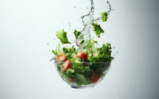 Vegetable salad with splashes of juice Green vegetables in a glass bowl flying in the air and water splashing on a white background photo