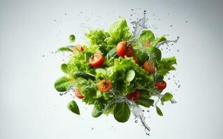 Vegetable salad with splashes of juice Green vegetables in a glass bowl flying in the air and water splashing on a white background photo