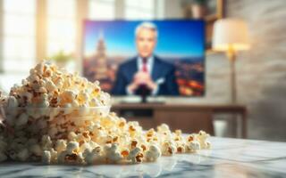 ai generado palomitas de maiz en el mesa en frente de el televisión y Noticias programas en el vivo habitación hora de descanso foto