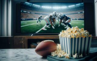 ai generado palomitas de maiz en el mesa en frente de el televisión y En Vivo retransmisiones de americano fútbol americano juegos en el vivo habitación hora de descanso foto