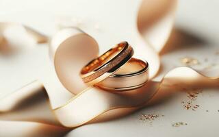 AI generated Wedding rings, diamond rings, ribbons and roses Background showing love on Valentine's Day photo