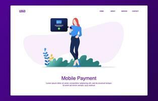 Woman standing while making credit card payments via smartphone vector