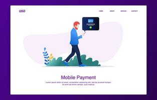 Man walking while making credit card payments via smartphone vector