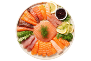 ai generato sashimi piatto con un' varietà di crudo pesce su trasparente sfondo. png