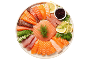 ai gegenereerd sashimi schotel met een verscheidenheid van rauw vis Aan transparant achtergrond. png