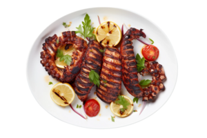 AI generated Grilled Octopus Tentacles from Above on transparent background. png