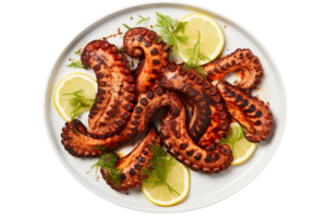 AI generated Grilled Octopus Tentacles from Above on transparent background. png