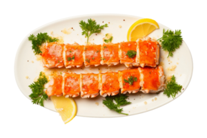 AI generated Fresh King Crab Legs and Buttery Indulgence on transparent background. png